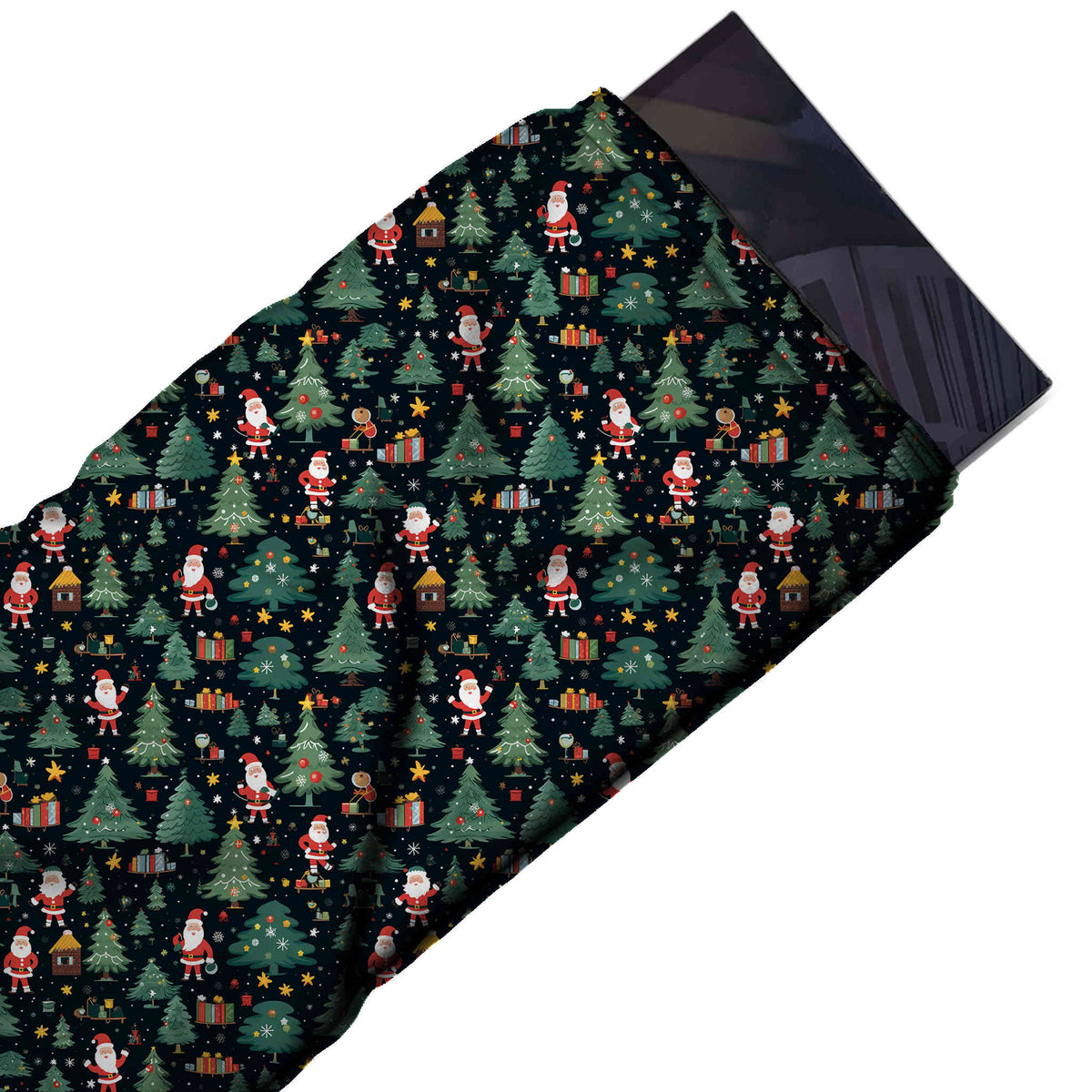 Flat fabric swatch: dense one-way scatter of small red-suited Santas, design Design No_4780, Clothwala