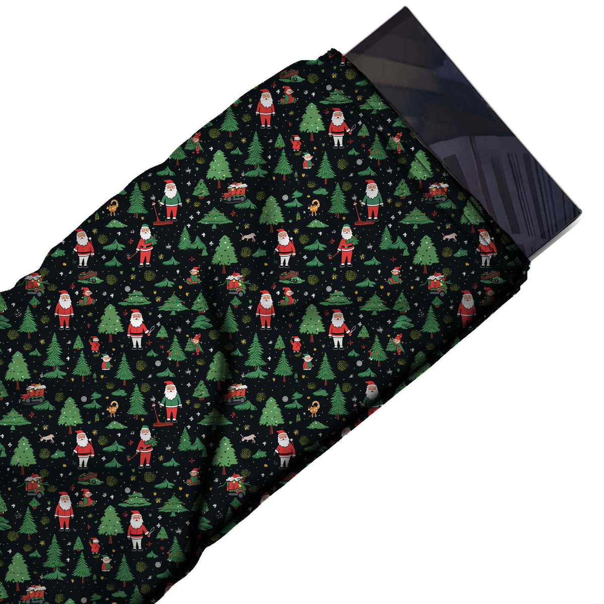Flat fabric swatch: small-scale all-over one-way print of red and green-suited Santas, design Design No_4812, Clothwala