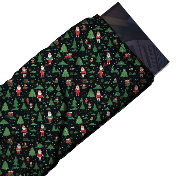 Black & Green Mini Santa & Elves Printed Printed American Crepe Fabric Fabric