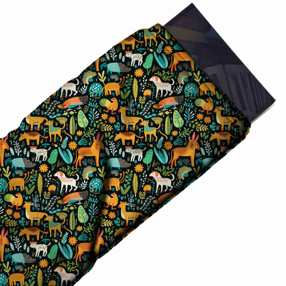 Black Green & Orange Donkey & Leaves Printed Moss Crepe Fabric - flat fabric swatch, design Design No_3885, Clothwala