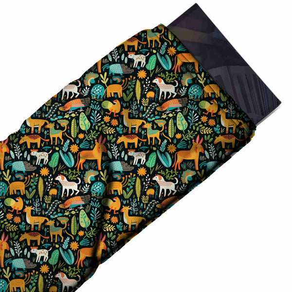 Black Green & Orange Donkey & Leaves Printed Moss Crepe Fabric