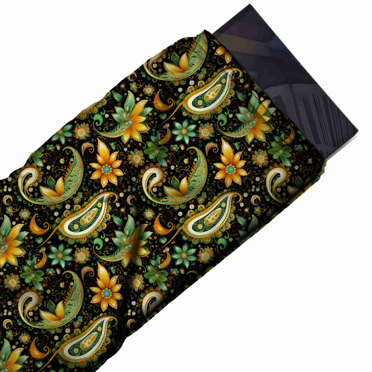 Flat fabric swatch: all-over paisley of medium-to-large curved green paisleys with cream and gold, design 3672, Clothwala