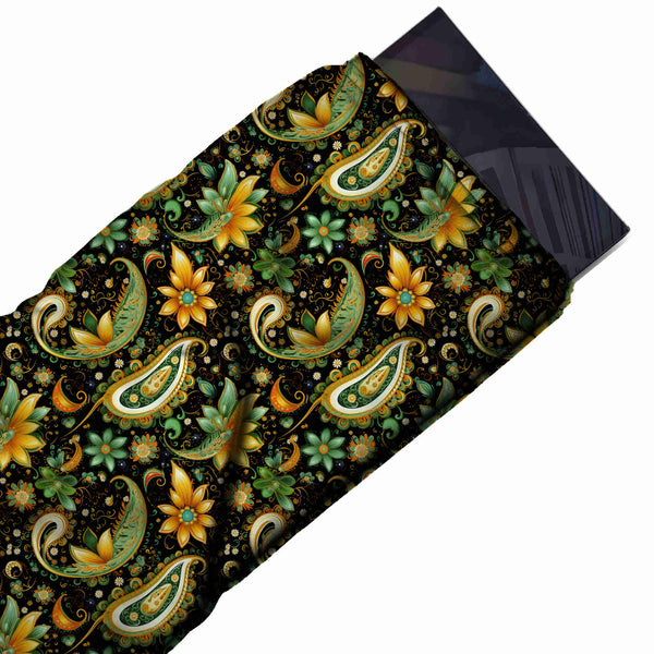 Black & Green Paisley & Star Flowers Printed Armani Satin Fabric