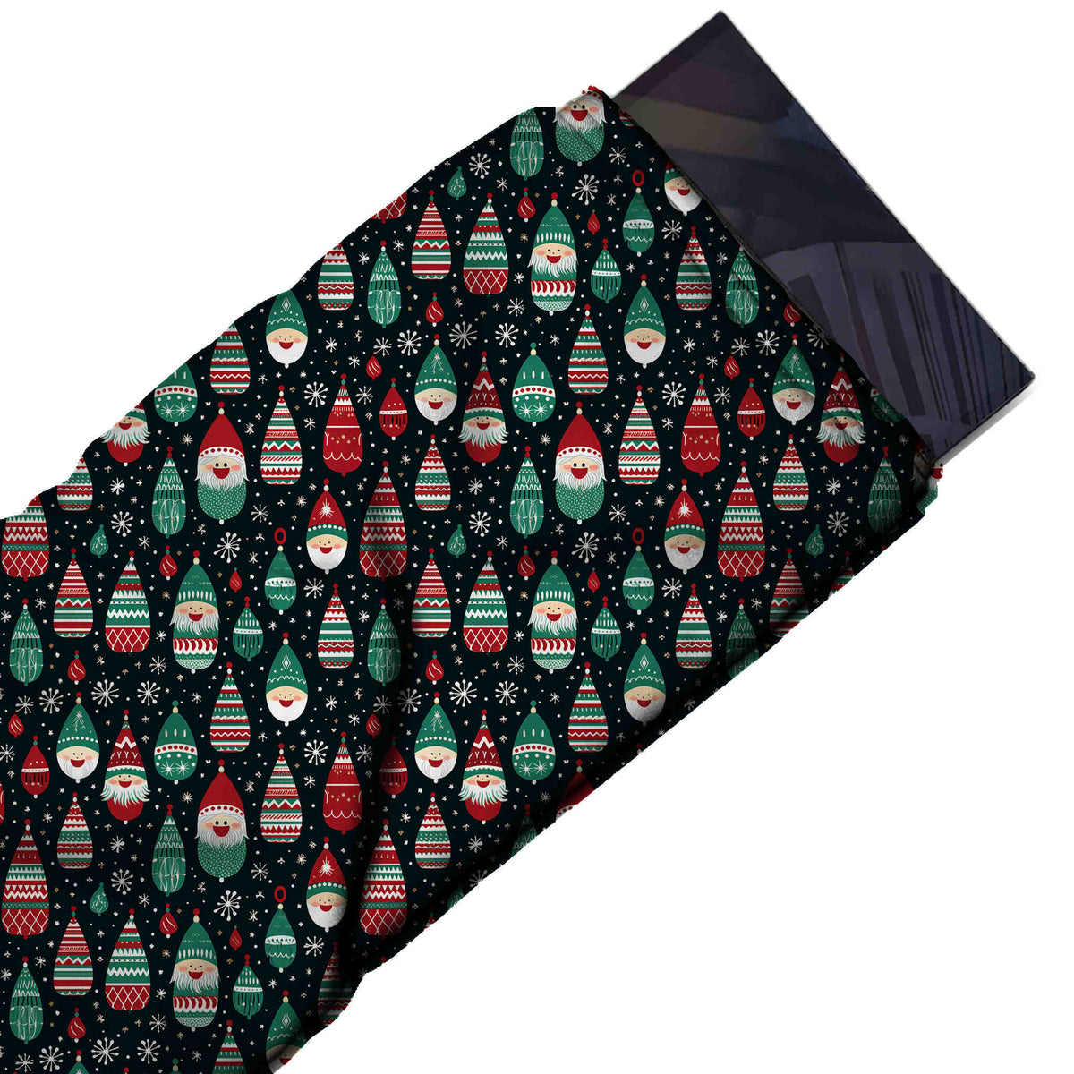 Flat fabric swatch: regular all-over layout of small teardrop-shaped gnomes with white, design Design No_4532, Clothwala