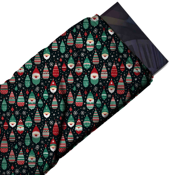 Black Green & Red Teardrop Gnome Faces Printed Pure Natural Crepe Fabric