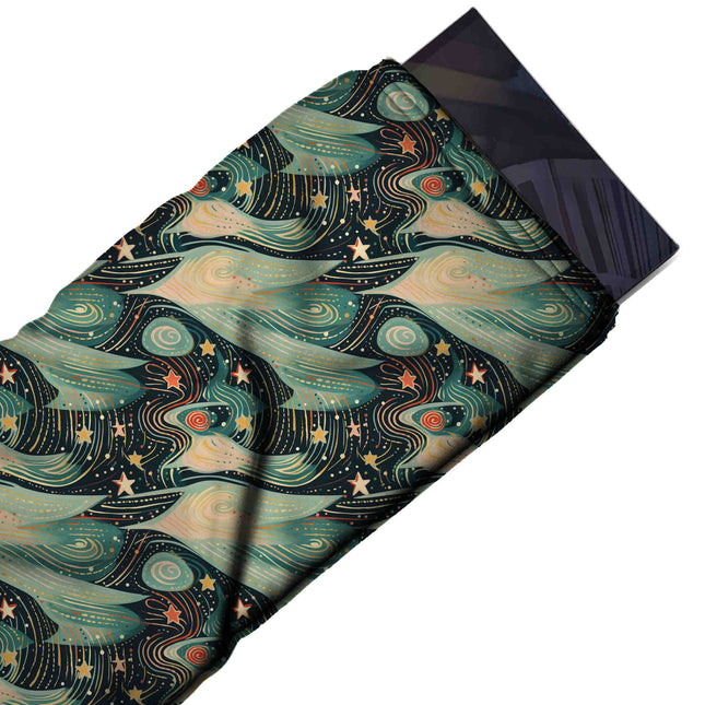 Flat fabric swatch: large-scale painterly print of sweeping sage green and cream wave, design Design No_4925, Clothwala