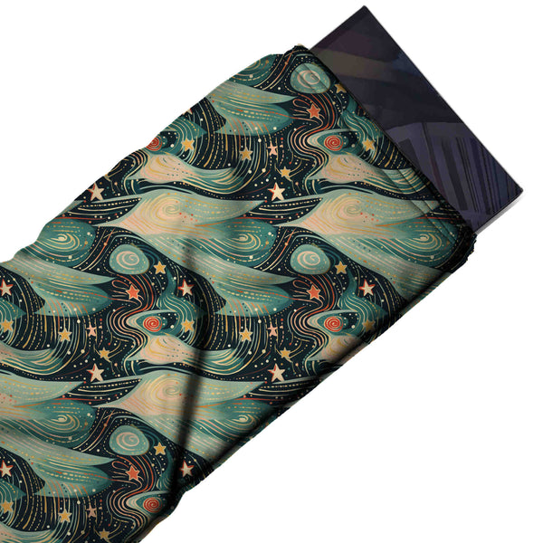 Black Green & Sage Green Starry Swirl Waves Printed Viscose Muslin Fabric