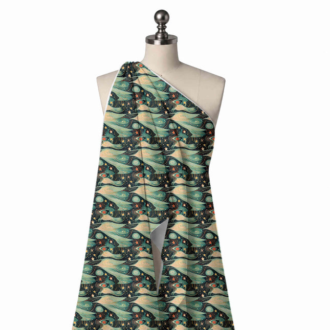 Draped on a mannequin: large-scale painterly print of sweeping sage green and cream wave, design Design No_4925, Clothwala