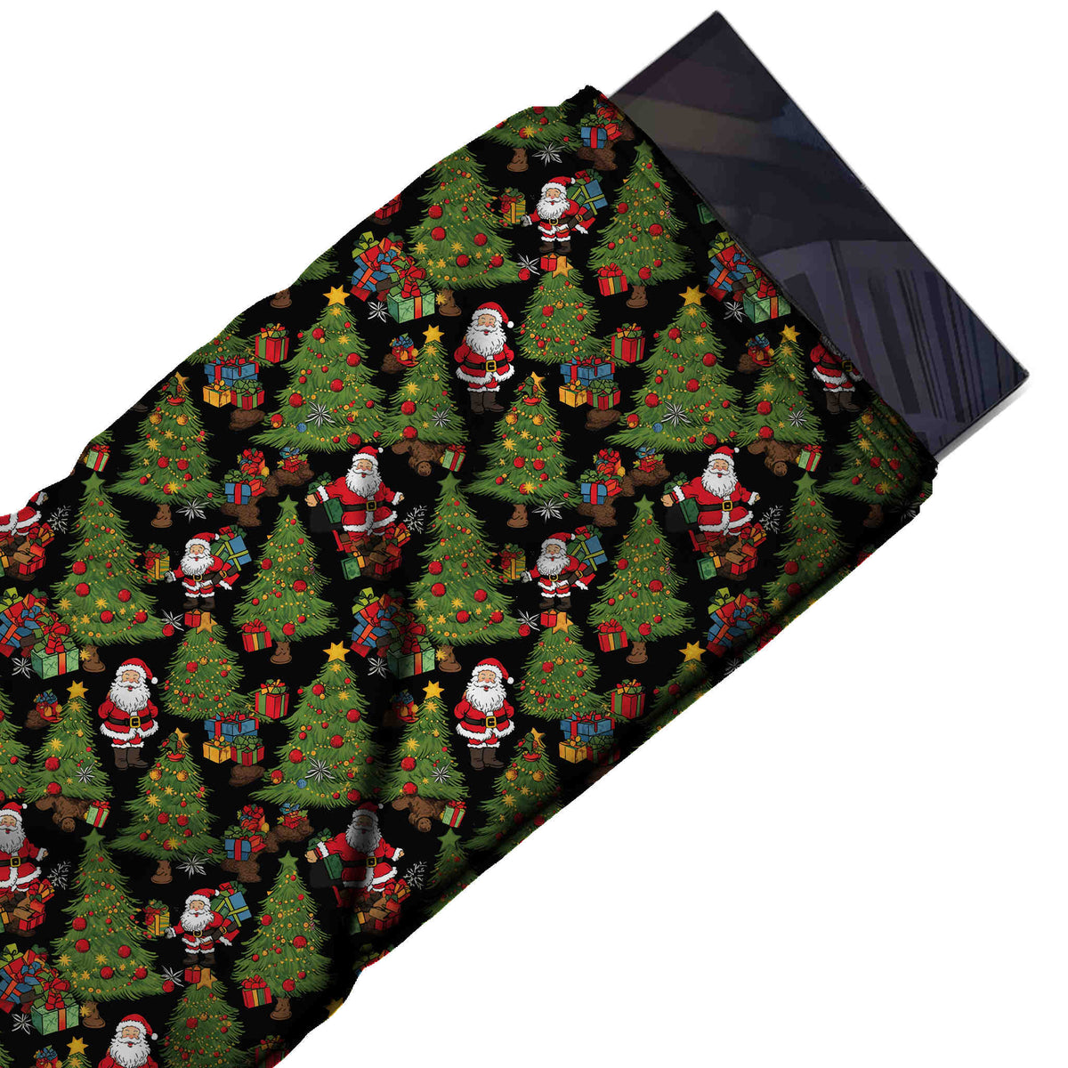 Flat fabric swatch: dense all-over one-way print of shaded green Christmas trees with, design Design No_4809, Clothwala