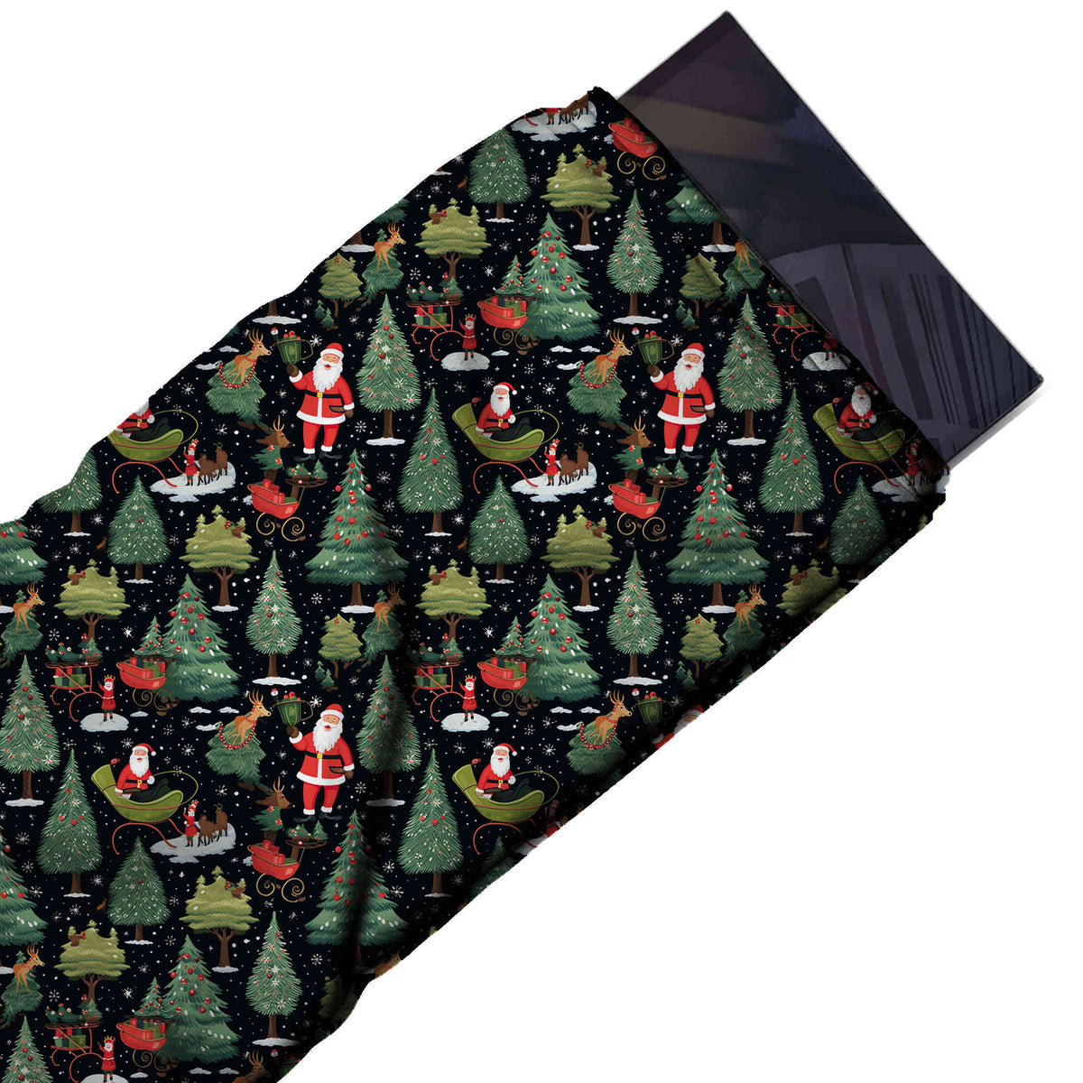 Flat fabric swatch: one-way all-over layout of standing Santas in red, design Design No_4777, Clothwala