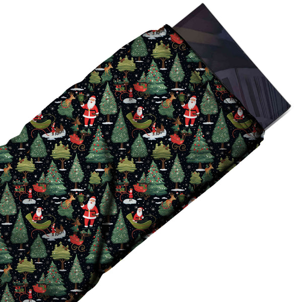 Black & Green Santa & Green Sleighs Printed Printed American Crepe Fabric Fabric