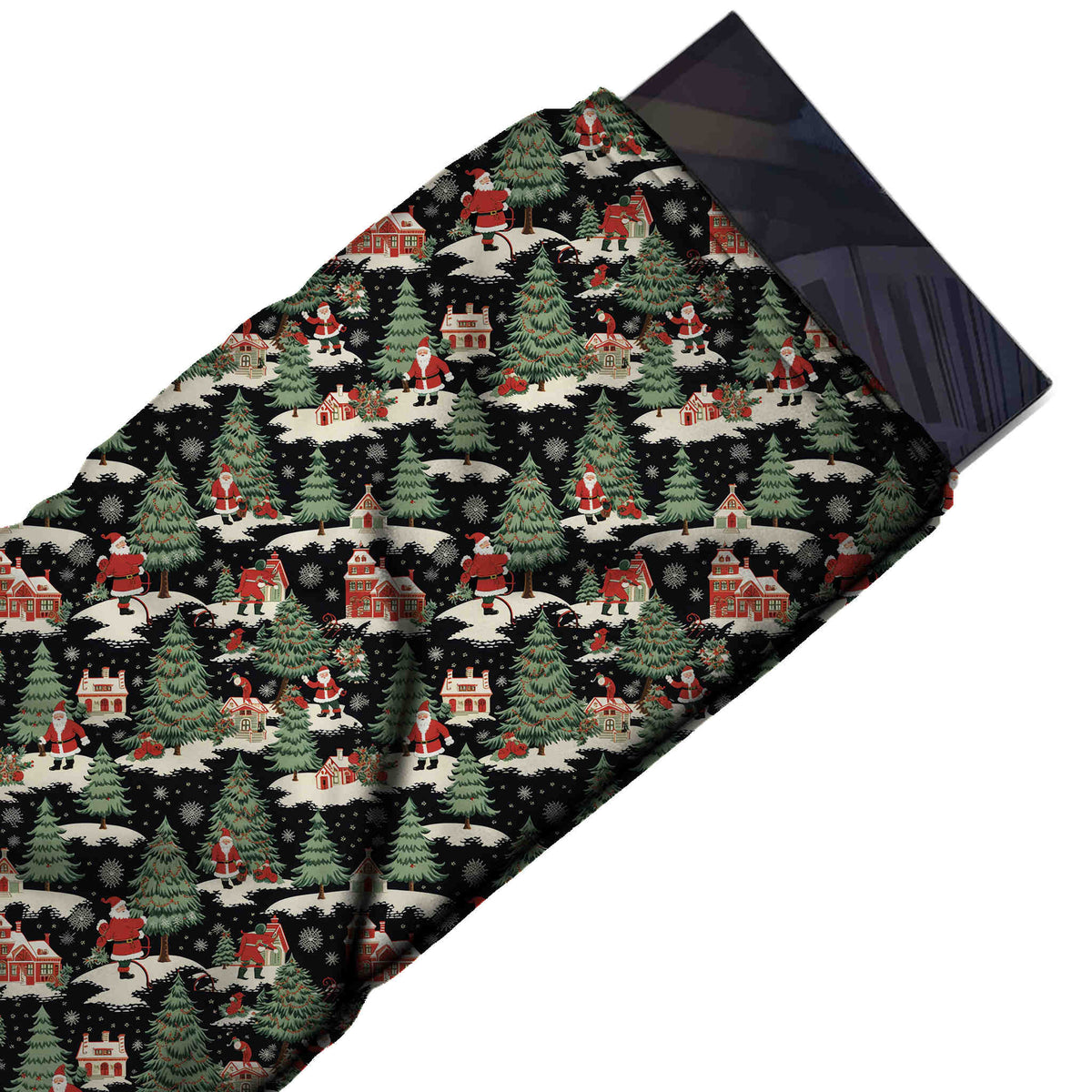 Flat fabric swatch: all-over one-way scenic print of small Santas, design Design No_4791, Clothwala