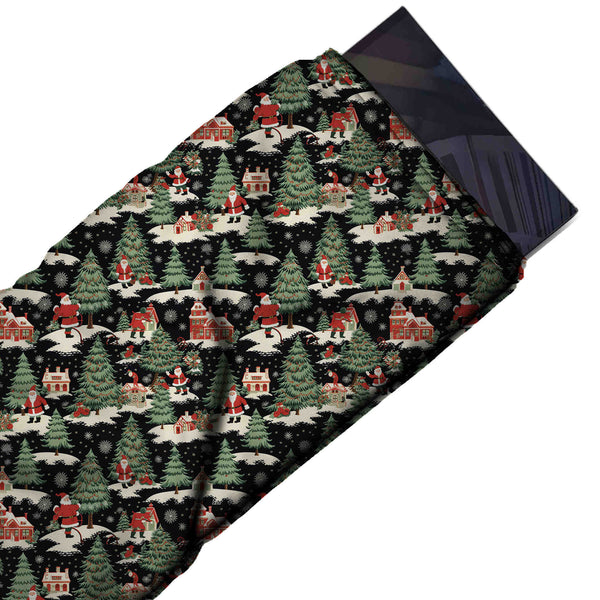 Black & Green Santa Snow Village Printed Printed American Crepe Fabric Fabric