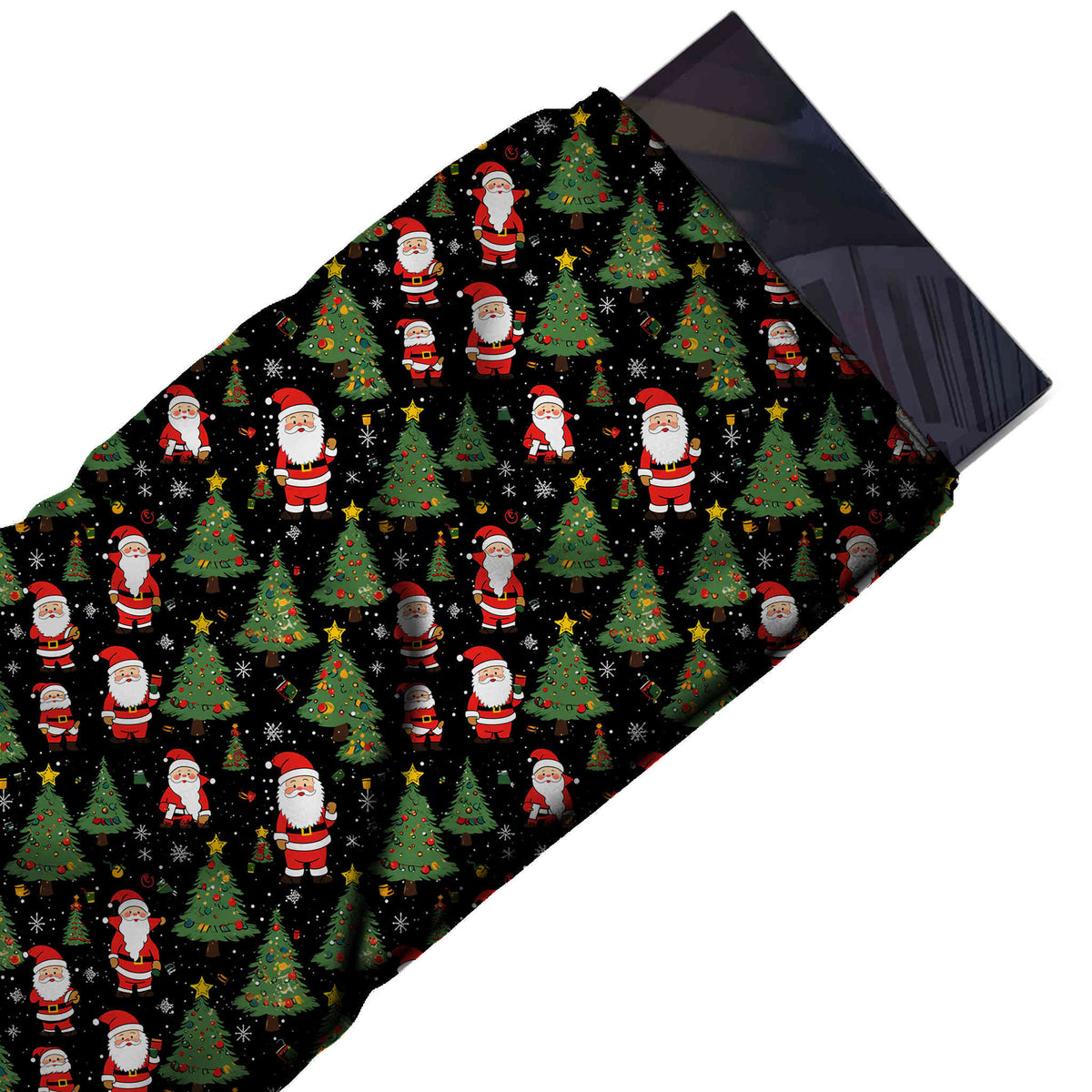 Flat fabric swatch: all-over one-way festive print of red Santas in two sizes and green, design Design No_4816, Clothwala