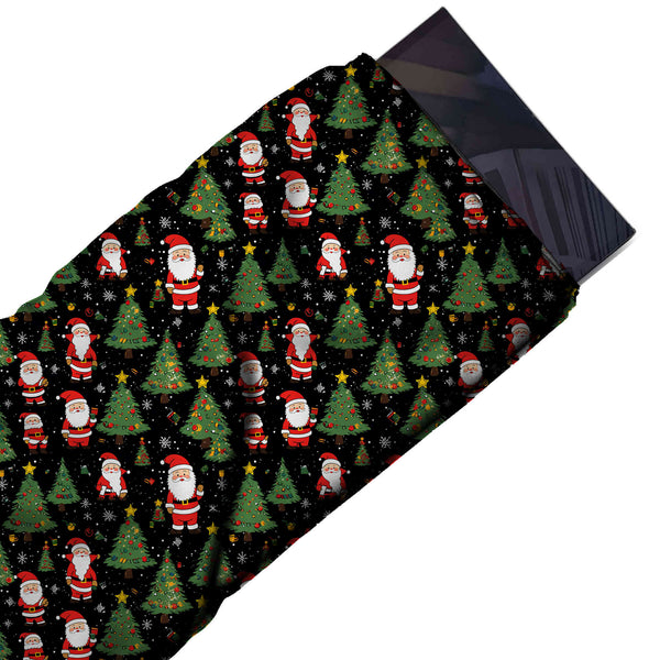 Black & Green Santa & Star Trees Printed Printed American Crepe Fabric Fabric