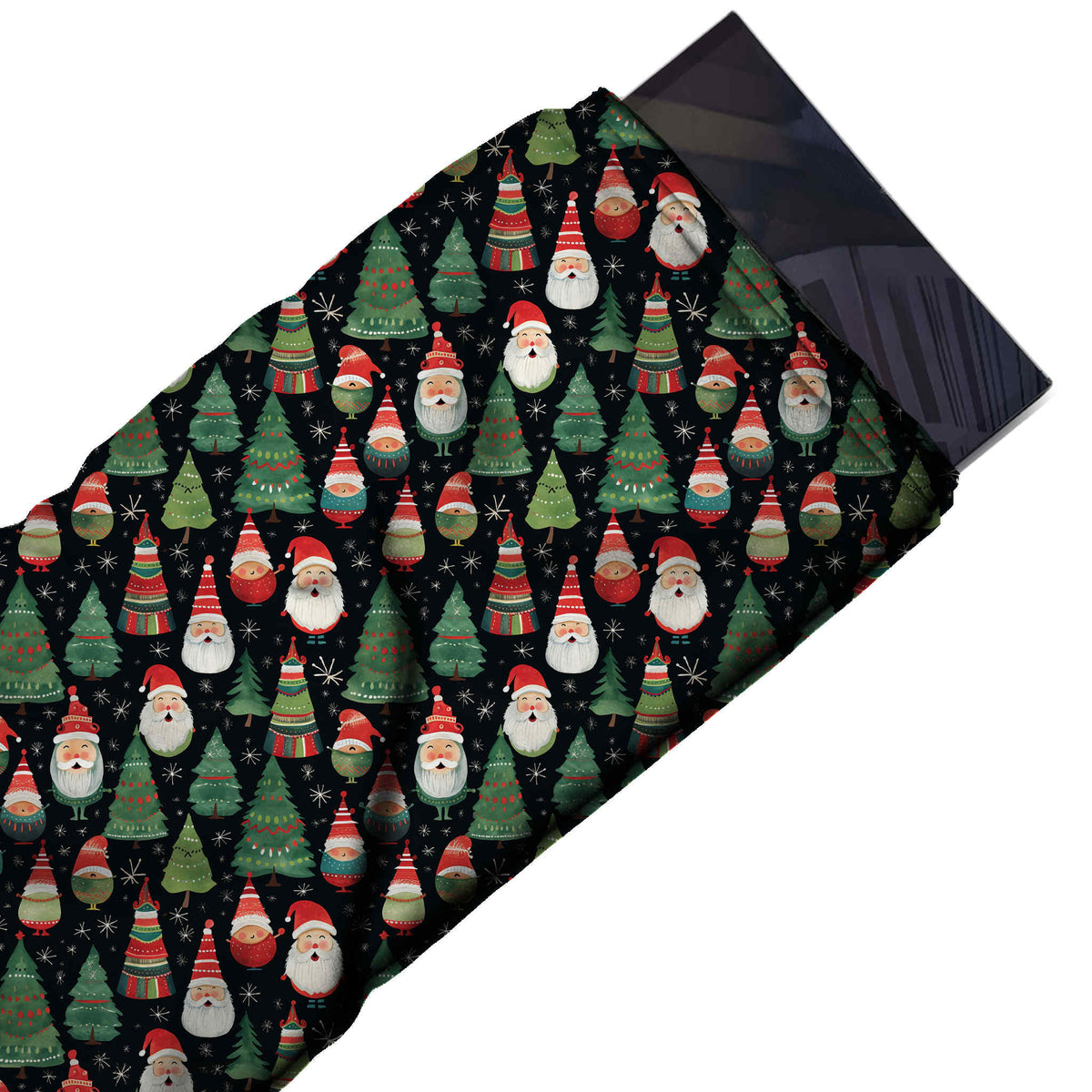 Flat fabric swatch: dense all-over one-way layout of small painted Santa figures, design Design No_4533, Clothwala
