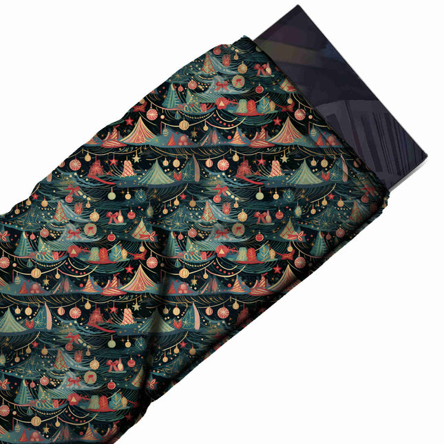 Flat fabric swatch: dense banded all-over print of overlapping teal green fir trees and, design Design No_4913, Clothwala