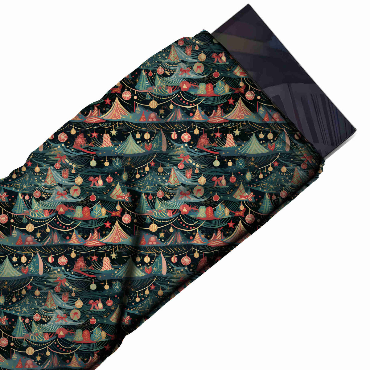 Flat fabric swatch: dense banded all-over print of overlapping teal green fir trees and, design Design No_4913, Clothwala