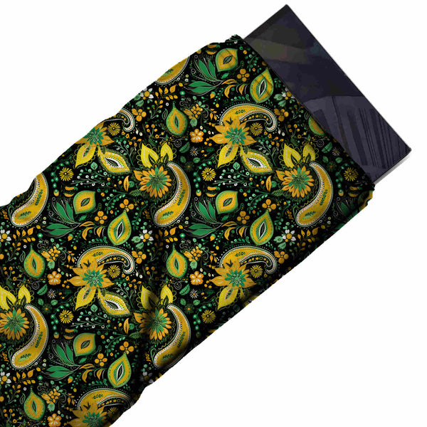 Black Green & Yellow Paisley & Green Leaves Printed Armani Satin Fabric