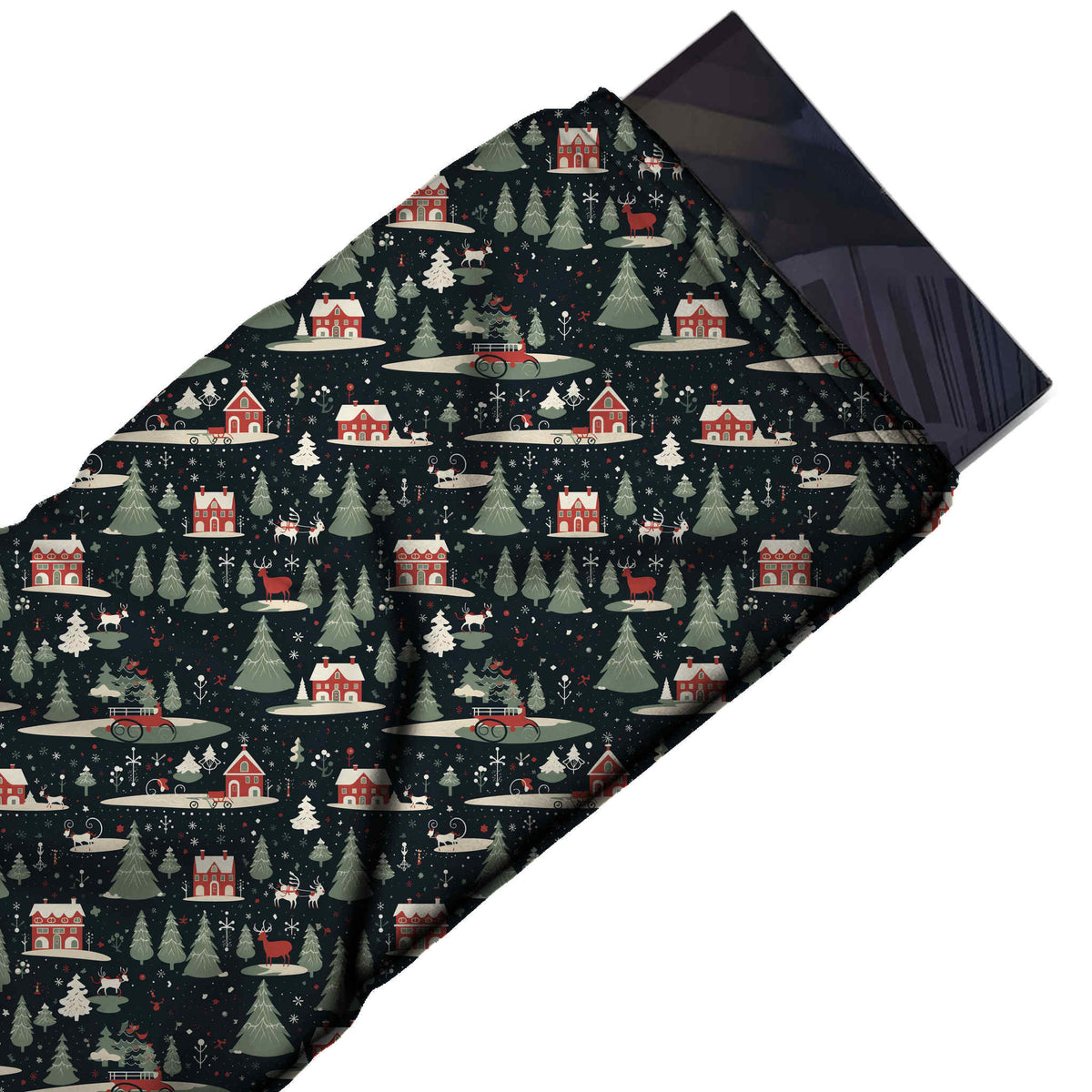 Flat fabric swatch: one-way all-over layout of flat grey-green fir trees with small red, design Design No_4747, Clothwala