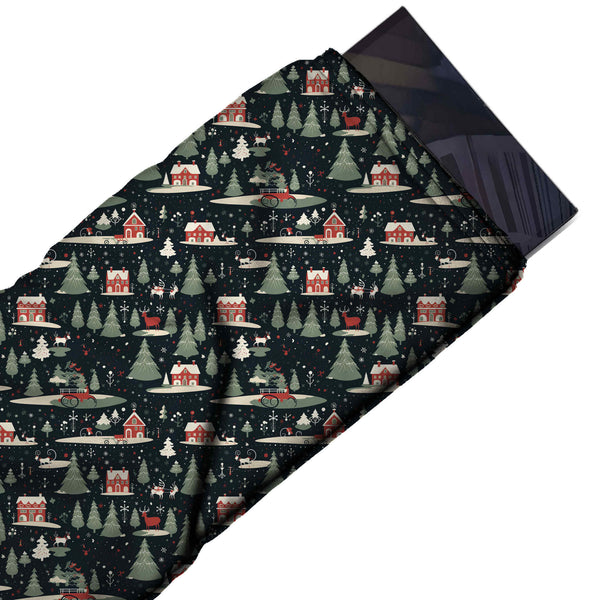 Black & Grey Green Fir Trees & Cottages Printed Printed American Crepe Fabric Fabric