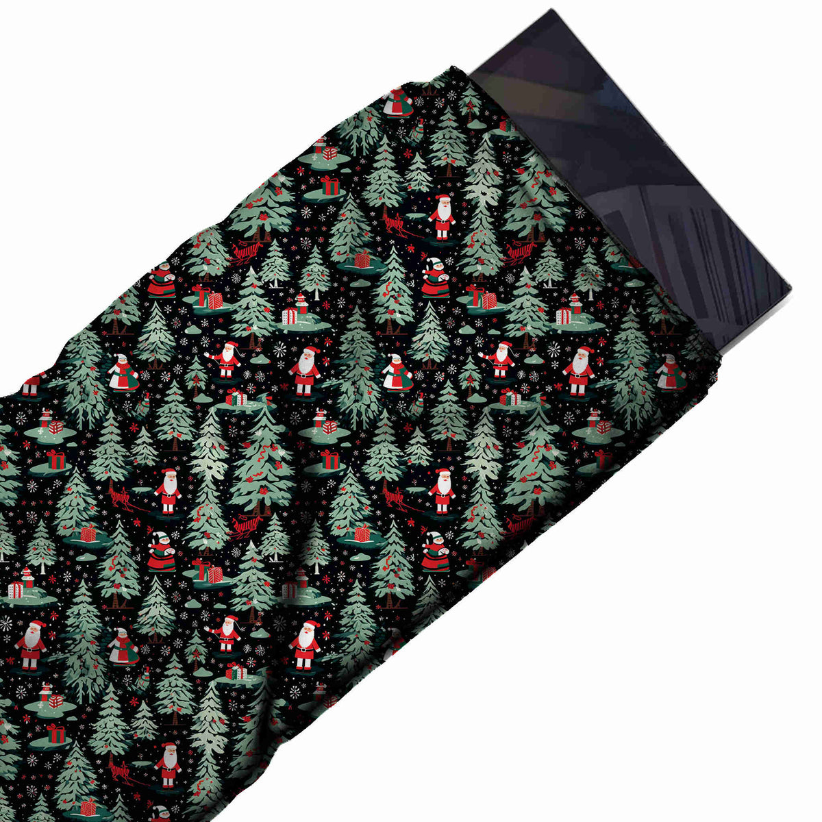 Flat fabric swatch: dense one-way layout of feathery grey-green fir trees with small, design Design No_4782, Clothwala