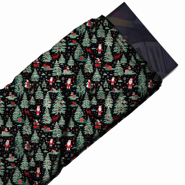 Black & Grey Green Frosted Firs & Santa Printed Printed American Crepe Fabric Fabric