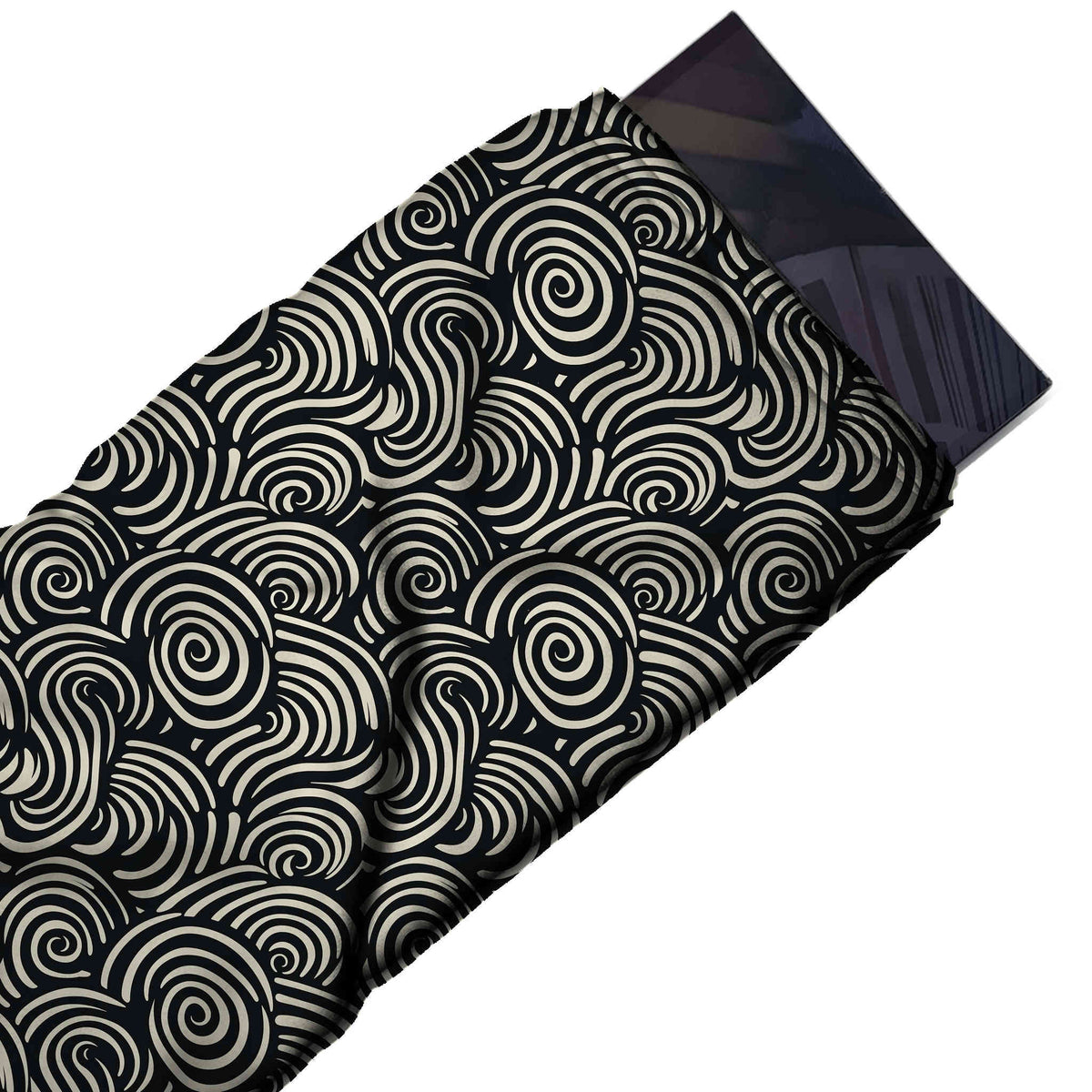 Flat fabric swatch: all-over two-colour pattern of medium to large spirals and fanned wave curls, design 3715, Clothwala