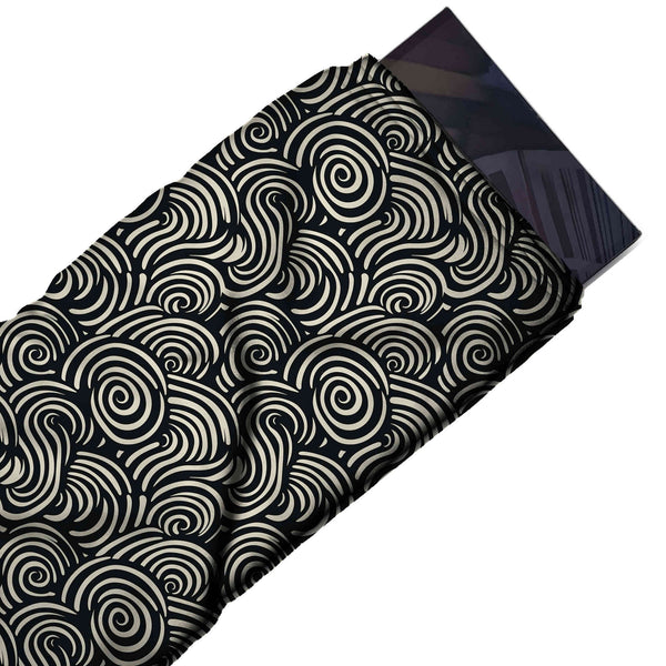 Black & Ivory Brushed Swirl Waves Printed Moss Crepe Fabric