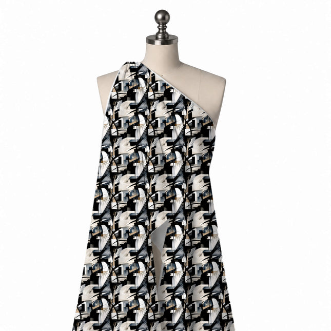 Draped on a mannequin: large-scale all-over cubist-style abstract of shaded ivory and, design Design No_4060, Clothwala