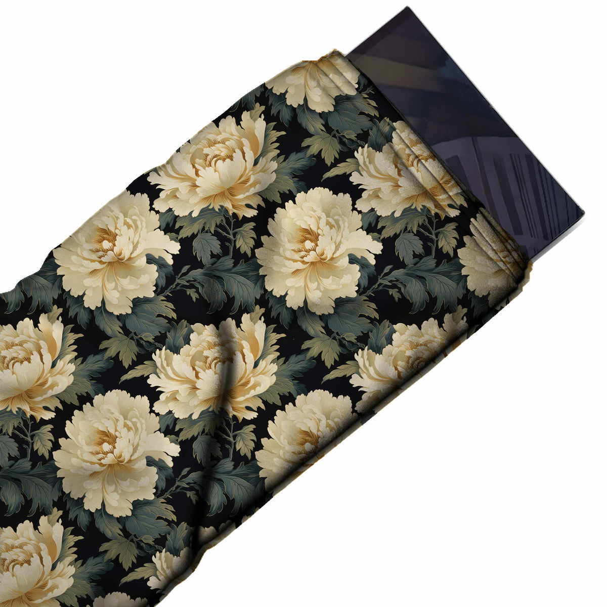 Black & Ivory Peony & Dark Foliage Printed Moss Crepe Fabric - flat fabric swatch, design Design No_3764, Clothwala