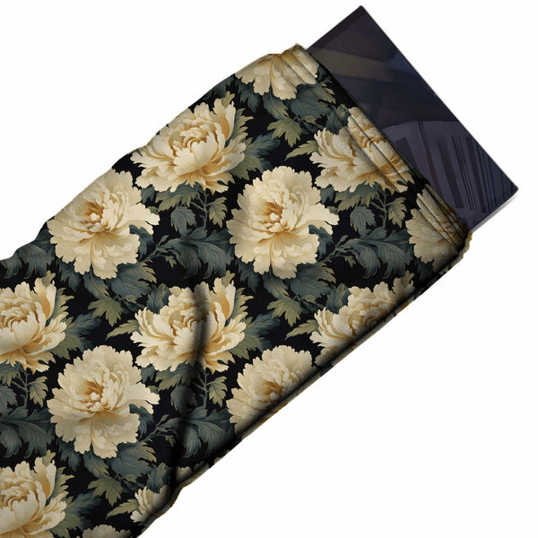 Black & Ivory Peony & Dark Foliage Printed Moss Crepe Fabric