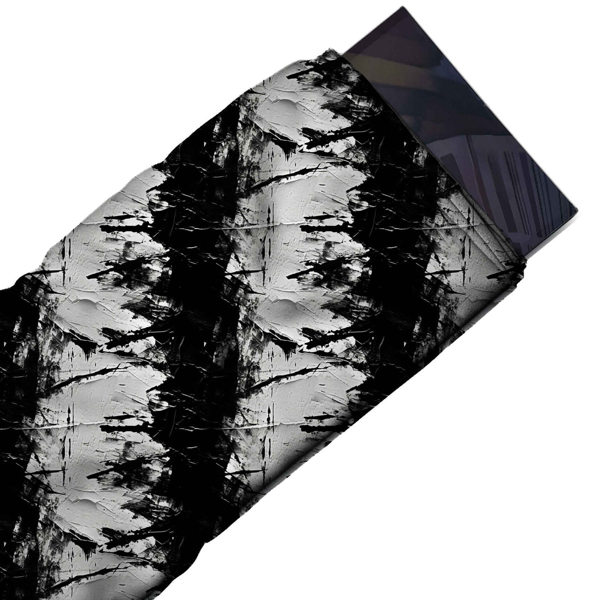 Flat fabric swatch: large-scale layout of wide jagged black vertical bands with splintered, design Design No_3989, Clothwala