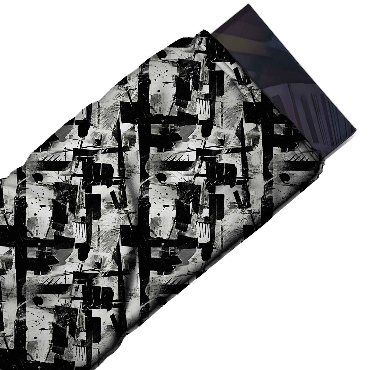 Flat fabric swatch: dense all-over collage layout of heavy black horizontal and vertical, design Design No_3988, Clothwala