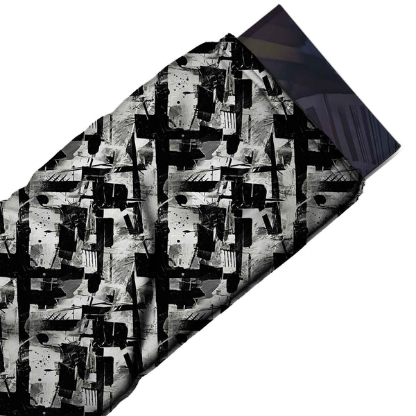 Black & Light Grey Monochrome Collage Grid Printed Spandex Fabric
