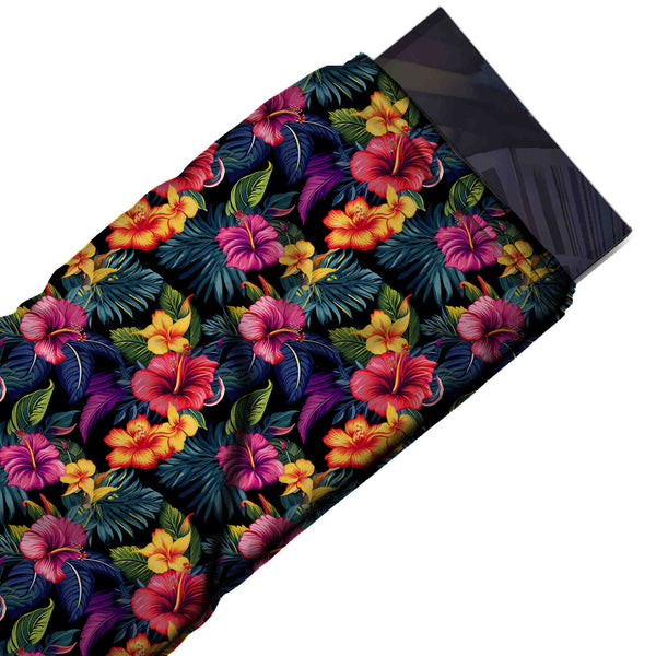 Black & Magenta Hibiscus & Palm Leaves Printed Pure Natural Crepe Fabric