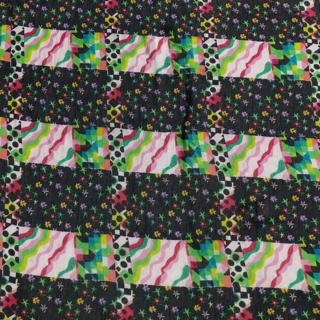 Black & Multi-Color Neon Patchwork Abstract Geometric Print Fabric — design DS-523, Clothwala