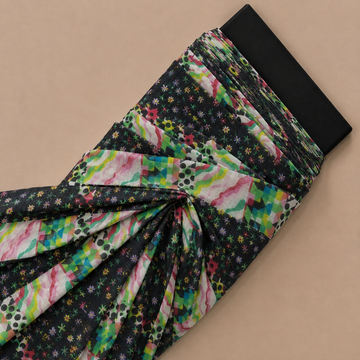 Black & Multi-Color Neon Patchwork Abstract Geometric Print Fabric