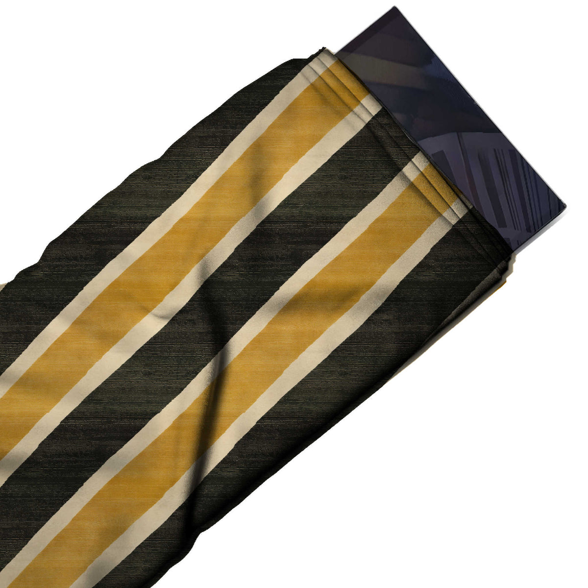 Flat fabric swatch: large-scale diagonal stripe of alternating wide mustard and black, design Design No_4347, Clothwala