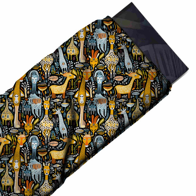 Flat fabric swatch: densely packed one-way print of tall folk-art giraffes, design Design No_3895, Clothwala