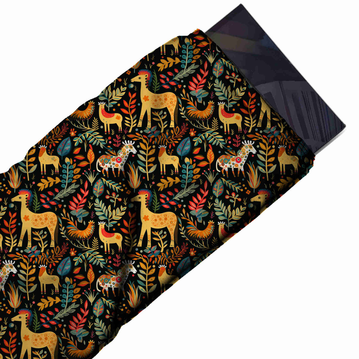 Black & Mustard Yellow Folk Horse & Rooster Printed Moss Crepe Fabric - flat fabric swatch, design Design No_3861, Clothwala