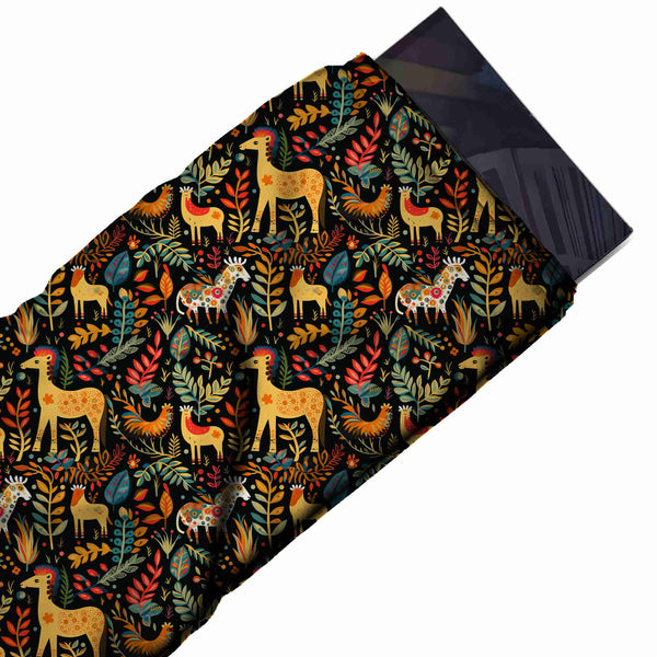 Black & Mustard Yellow Folk Horse & Rooster Printed Moss Crepe Fabric