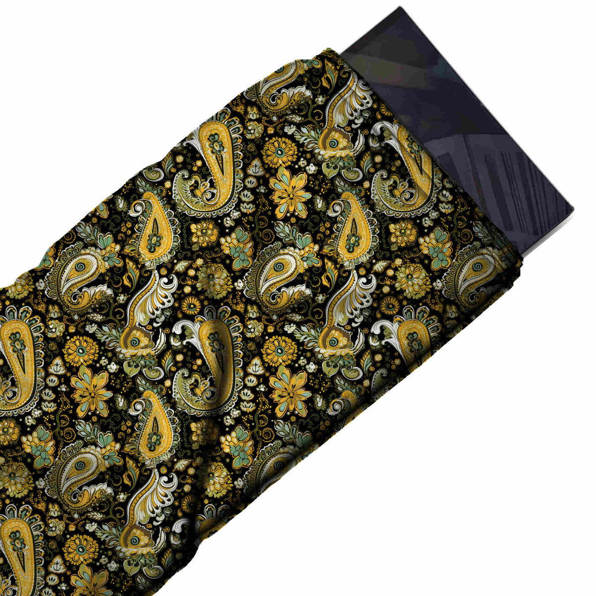 Flat fabric swatch: closely packed all-over paisley of medium-scale mustard yellow and white, design 3678, Clothwala