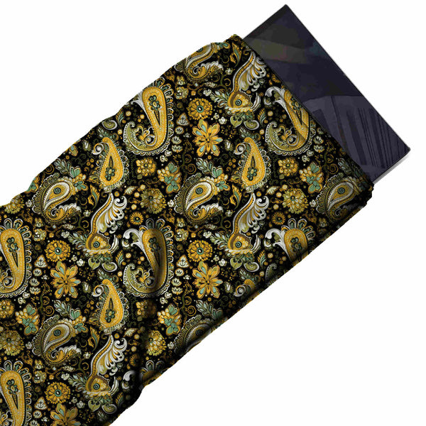 Black & Mustard Yellow Paisley & Flowers Printed Armani Satin Fabric