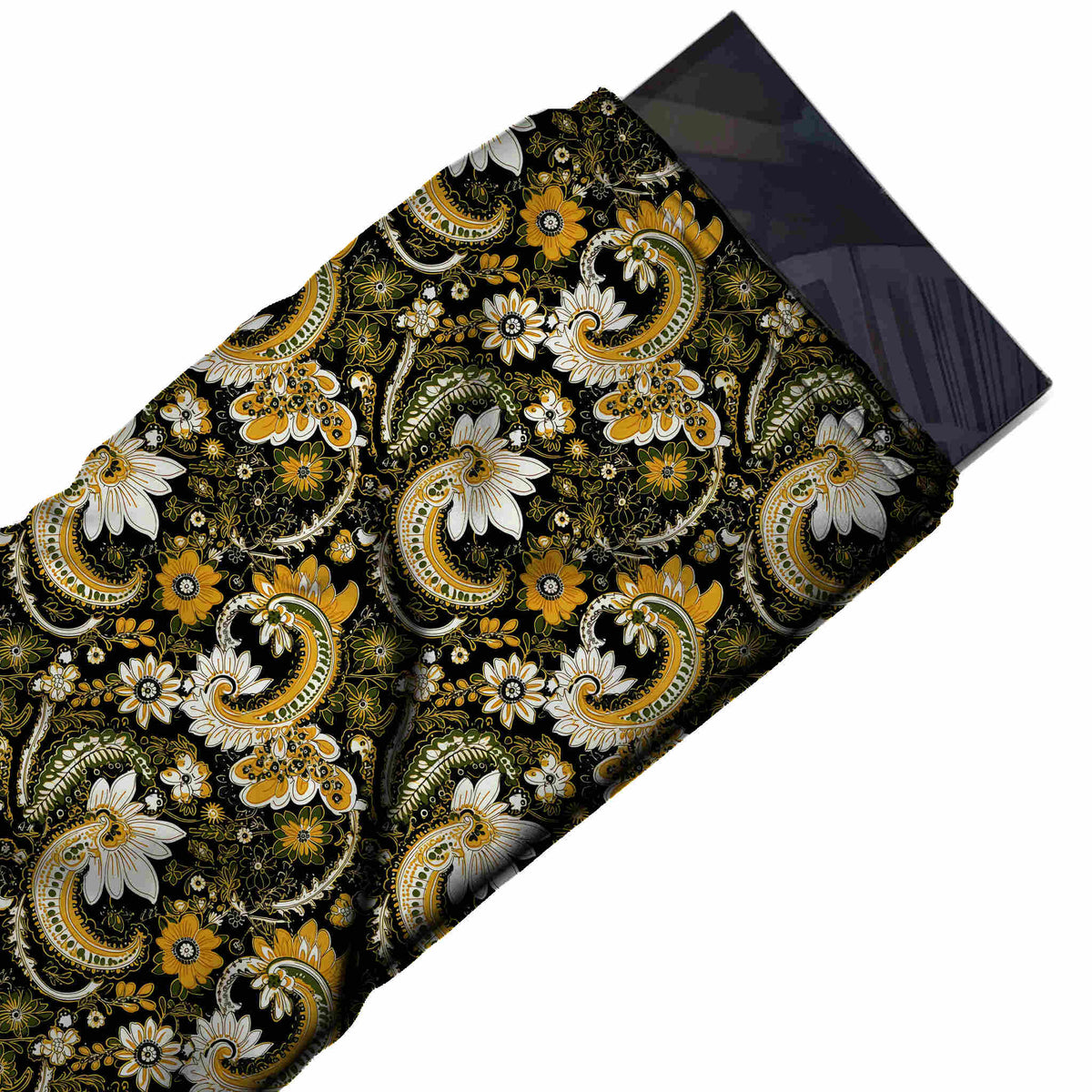Flat fabric swatch: all-over paisley of medium-to-large curled paisleys in mustard yellow and white, design 3677, Clothwala