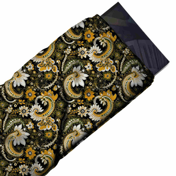 Black & Mustard Yellow & White Paisley Printed Armani Satin Fabric
