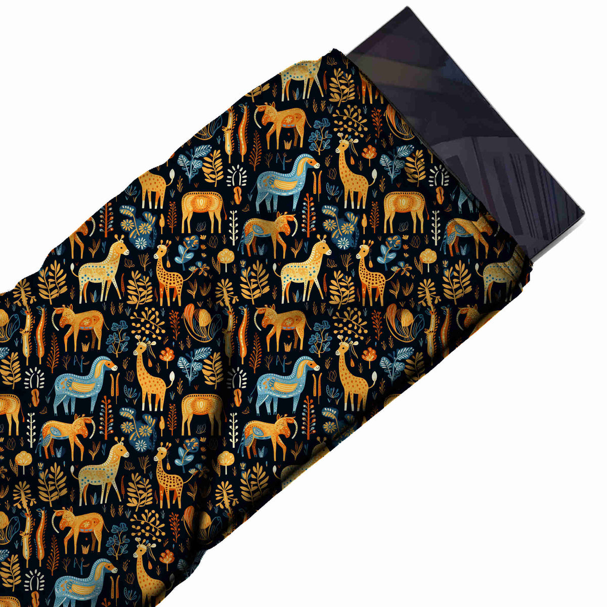 Black Navy & Amber Yellow Giraffe & Horses Printed Moss Crepe Fabric - flat fabric swatch, design Design No_3867, Clothwala
