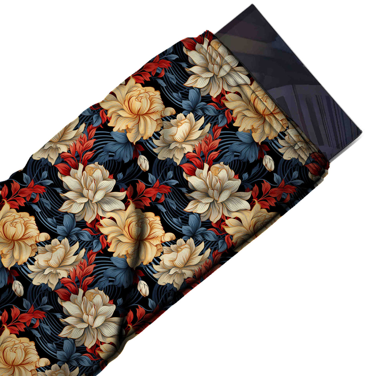 Flat fabric swatch: dense all-over large-scale floral of ivory and golden yellow, design Design No_4307, Clothwala