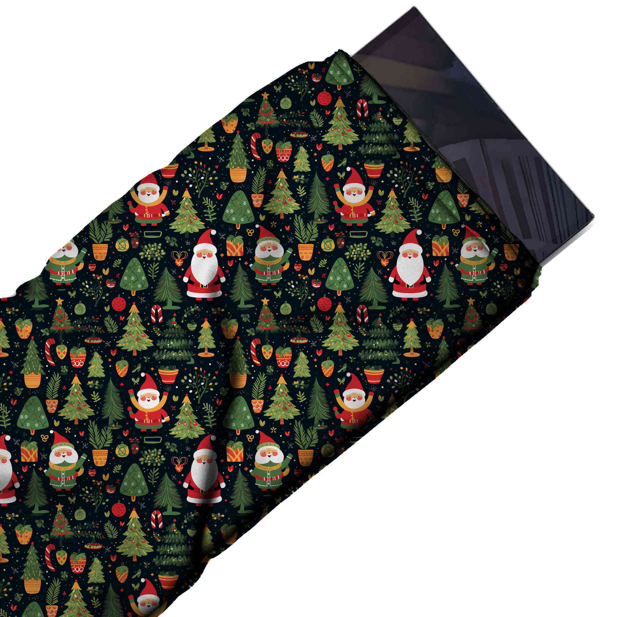 Flat fabric swatch: busy all-over one-way print of cartoon Santas and green-suited elves, design Design No_4808, Clothwala