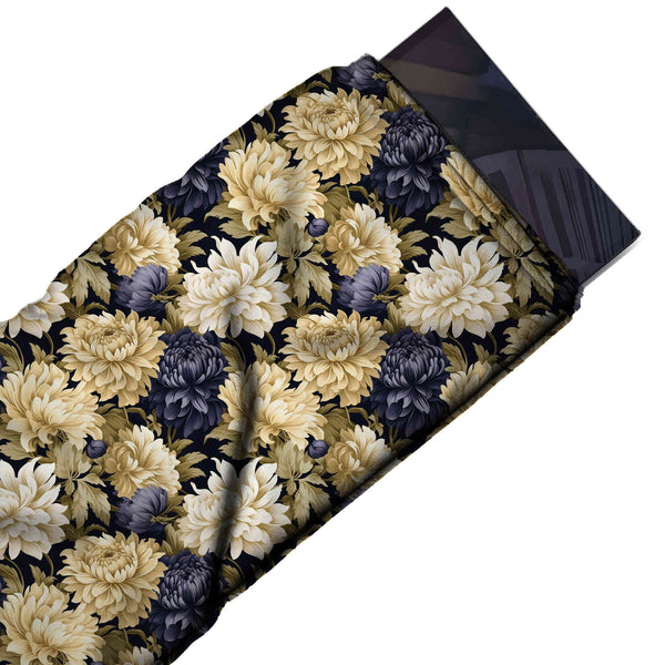 Black Navy & Pale Yellow Cream & Indigo Chrysanthemums Printed Moss Crepe Fabric